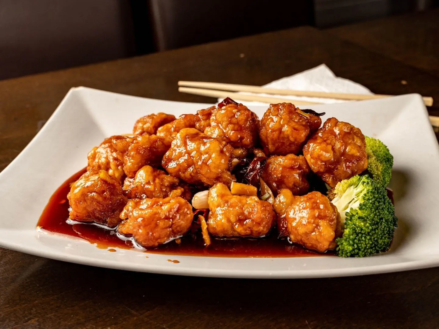 Crispy chicken in spicy, sweet soy sauce with broccoli at King's Garden Restaurant, a Chinese Restaurant in Cranston